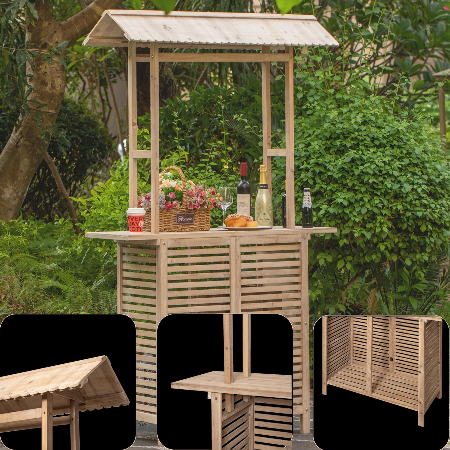 Vintiquewise Rustic Wooden Outdoor Bar Counter with Roof Beautiful Decor Accent for Patio Garden & Backyard Ideal as Bartender Station Lemonade Stand BBQ Beverage Table & Event Booth for Home Parties