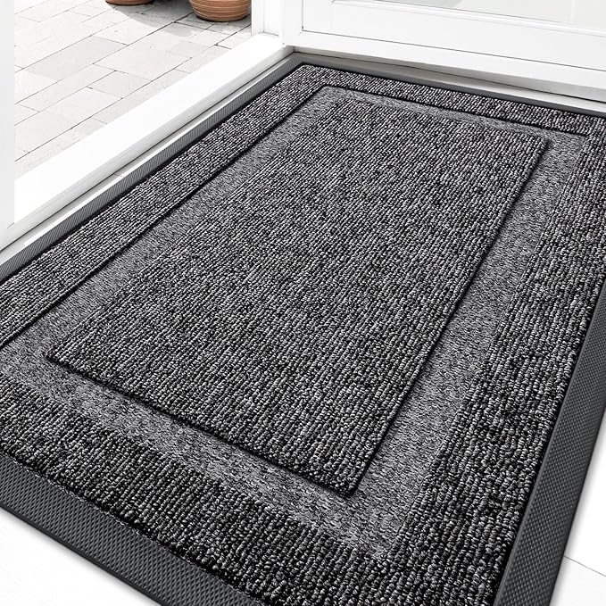OLANLY Front Door Mat Indoor Outdoor Entrance, Waterproof All-Season, All-Weather Doormat, Sturdy Natural Rubber, Low Profile, Easy Clean Patio Porch Entryway Mat, 29.5x17, Black and White