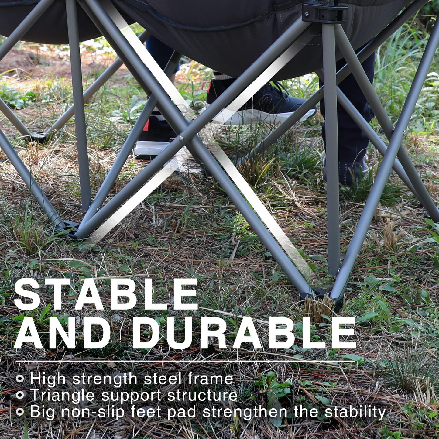 EVER ADVANCED Double Camping Chair for Adults, Padded Folding Camping Love Seat Bench with Side Pocket Portable Camping Couch, Two Person Heavy Duty Folding Outdoor Chair with Cushion,Support 600lbs