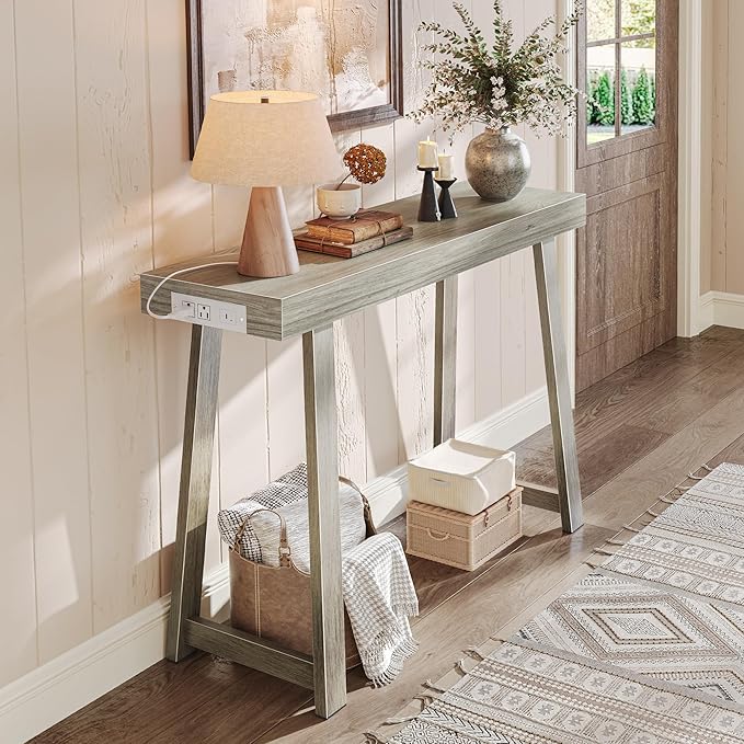 Huuger Entryway Console Table with Charging Station, USB-C Port, 39.4 Inch Sofa Table with Metal Legs, Entry Hallway Table with Thicker Desktop, Modern Behind Couch Table, Grey