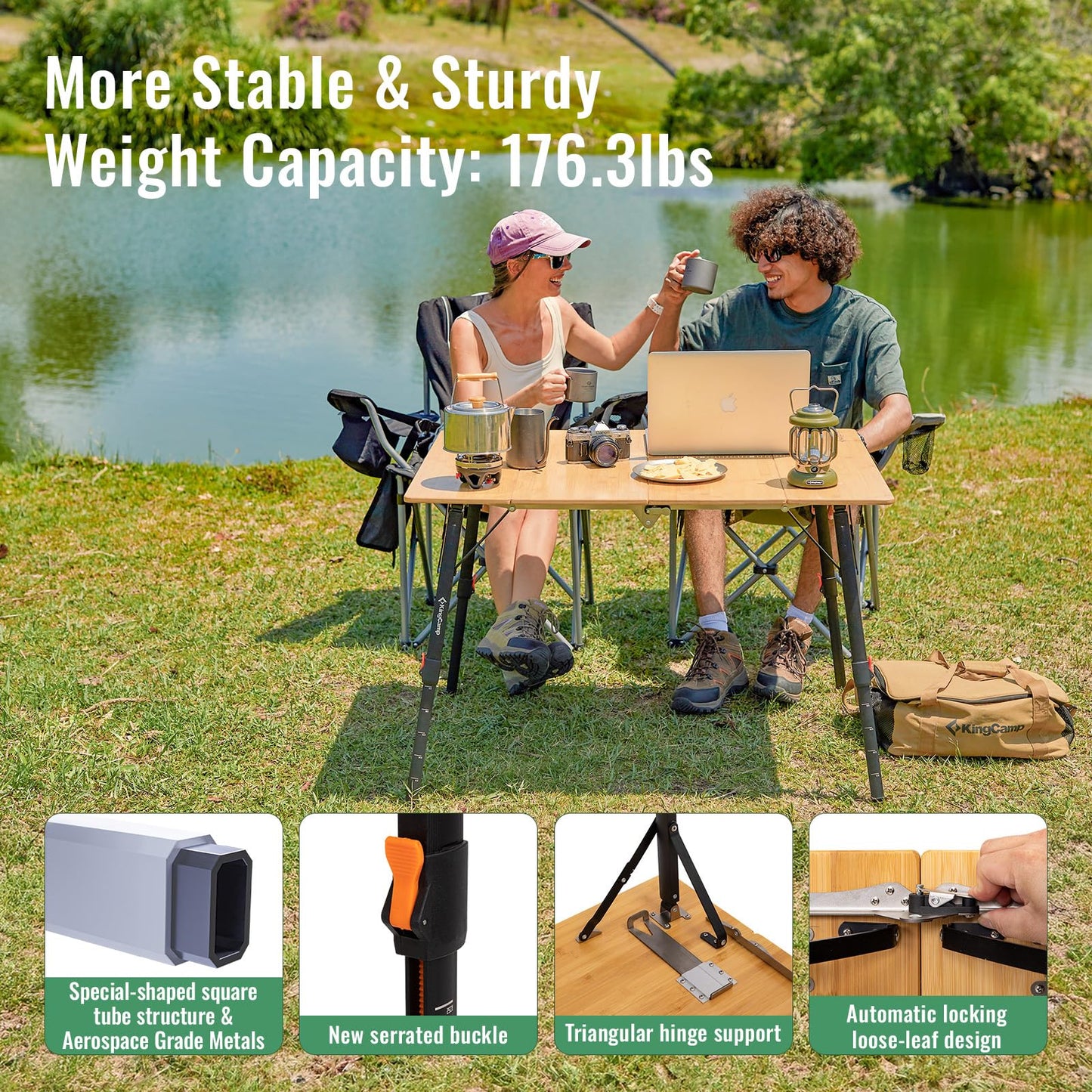 KingCamp Bamboo Folding Table, 4-Fold Camping Adjustable Height Portable Outdoor Lightweight & Compact Table with Aluminum Frame for RV Picnic BBQ Tailgating