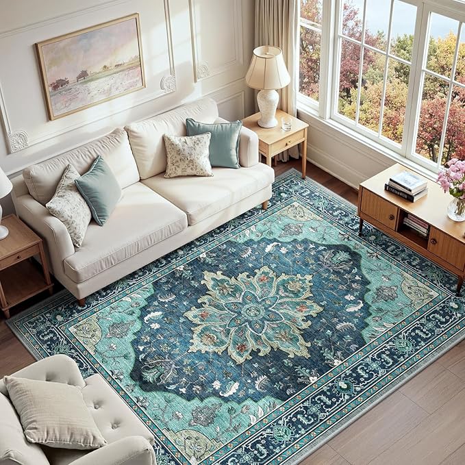 Area Rugs 6'x9' Washable Non-Slip, Floral Vintage Distress Print Pattern Medallion Carpet for Living Room Bedroom Dining Room, Teal Green Lake Blue Turquoise