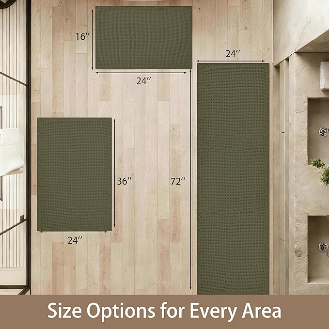 Waffle Runner Rug Non Slip, Boho Bath Mat, Super Absorbent Quick Dry Long Bath Runner Bathroom, Soft Farmhouse Bath Rug with Tassels, Washable Shower Mats for Floor 24"x72", Olive Green
