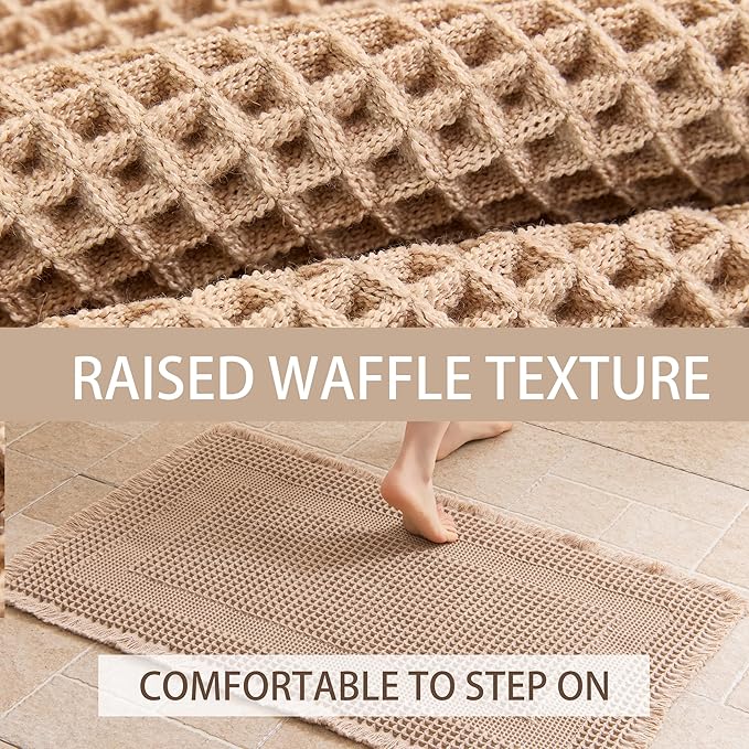 Waffle Bath Mat Non Slip, Boho Runner Rug, Super Absorbent Quick Dry Long Bath Runner Bathroom, Soft Farmhouse Bath Rug with Tassels, Washable Shower Mats for Floor 24"x48", Square Brown