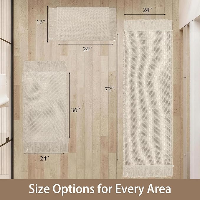 Waffle Bath Mat Non Slip, Boho Runner Rug, Super Absorbent Quick Dry Long Bath Runner Bathroom, Soft Farmhouse Bath Rug with Tassels, Washable Shower Mats for Floor 24"x48", Tassels Cream