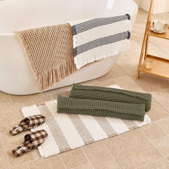 Waffle Runner Rug Non Slip, Boho Bath Mat, Super Absorbent Quick Dry Long Bath Runner Bathroom, Soft Farmhouse Bath Rug with Tassels, Washable Shower Mats for Floor 24"x72", Olive Green