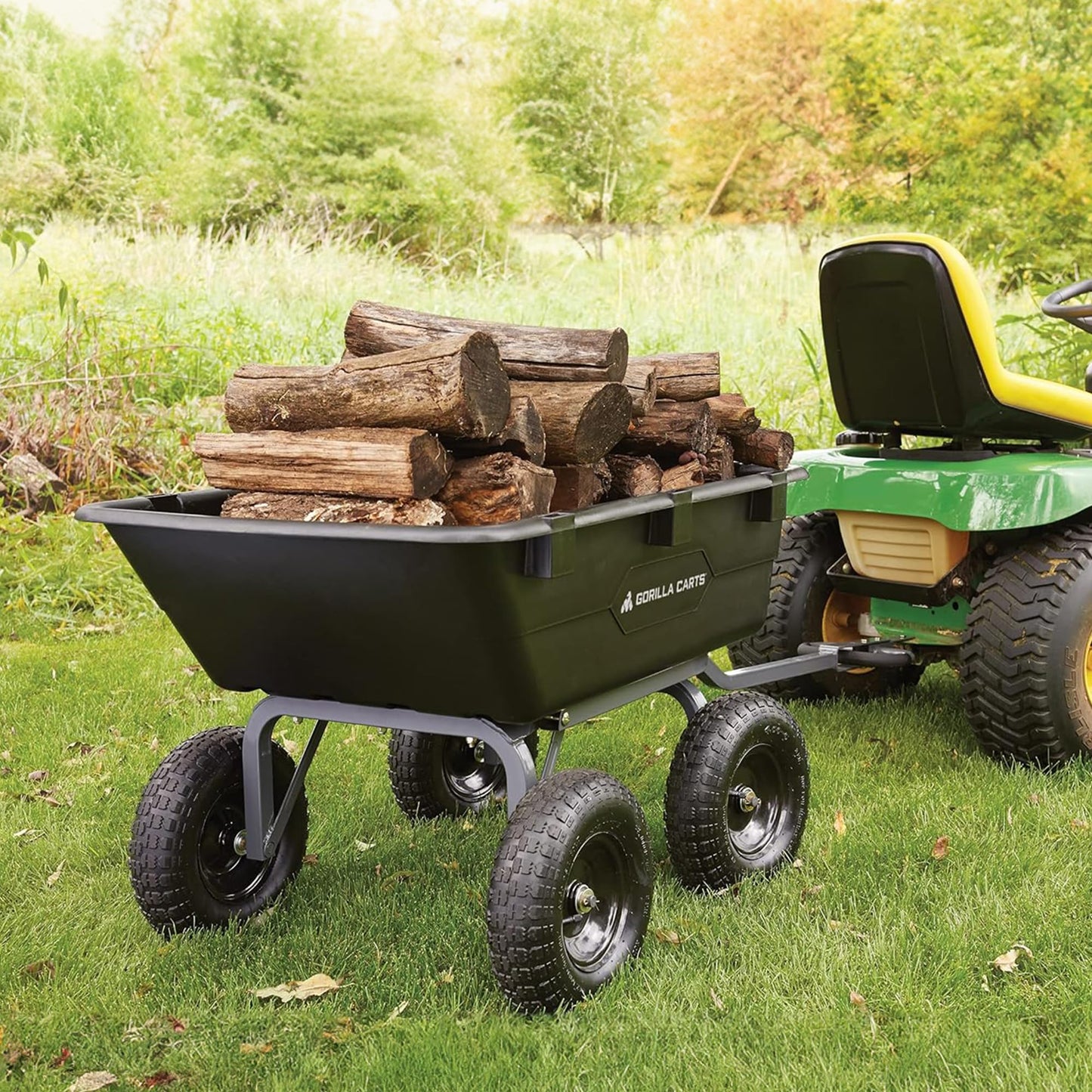 Gorilla Carts Heavy-Duty Poly Yard Dump Cart, 6 Cu Ft Tub, 1200 lb Haul Capacity, Black – Towable Utility Wagon with Quick-Release Dumping & Pneumatic Tires for Landscaping and Gardening