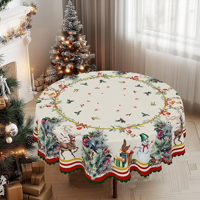 Eikione Christmas Round 60In Tablecloth Polyester Waterproof Stain Wrinkle Free, Christmas Reindeer Table Cover for Home Kitchen Dining Party