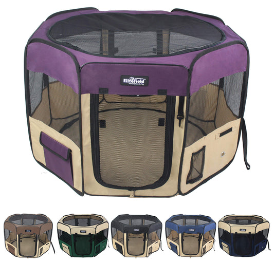 EliteField 2-Door Soft Pet Playpen (2 Year Warranty), Exercise Pen, Multiple Sizes and Colors Available for Dogs, Cats and Other Pets (62" x 62" x 36"H, Purple+Beige)