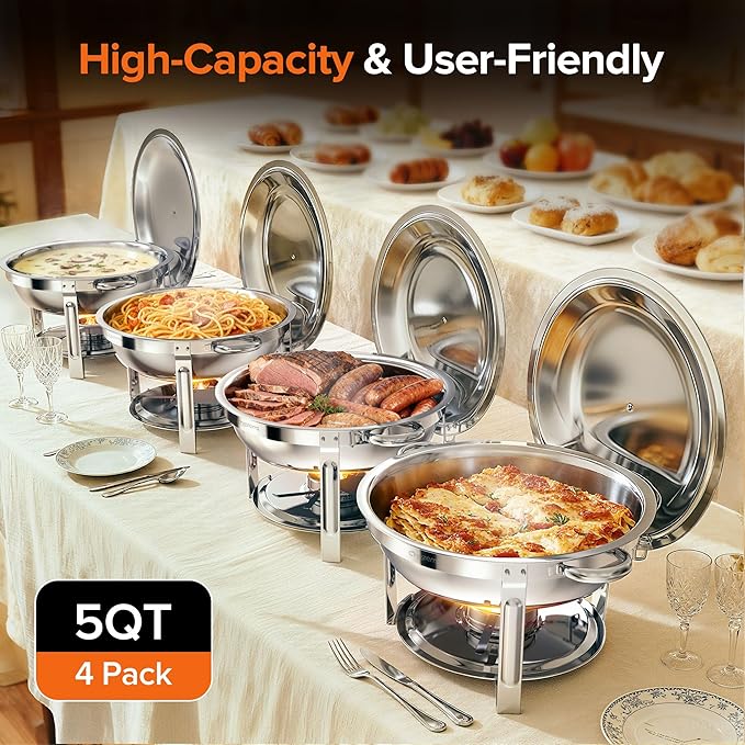 Chafing Dishes for Buffet, 4 Pack 5QT Round Stainless Steel Chafing Dish Set with Lid Holder for Home Parties, Christmas Gatherings, Catering Events, Complete Buffet Warmer Set - Silver