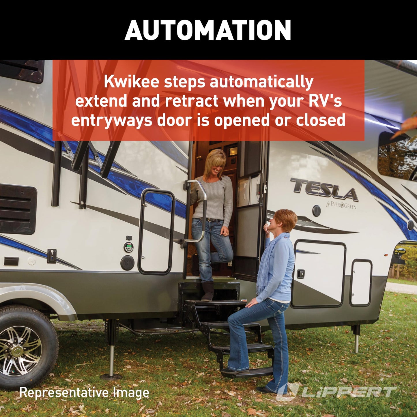 Kwikee 36 Series Single 12V Electric RV Step Assembly, 8.5" Rise, 300 lbs. Heavy-Gauge Steel, Obstruction Sensors, Hidden Light, Anti-Slip Steps, Travel Trailers, 5th Wheels, Campers - 903609025