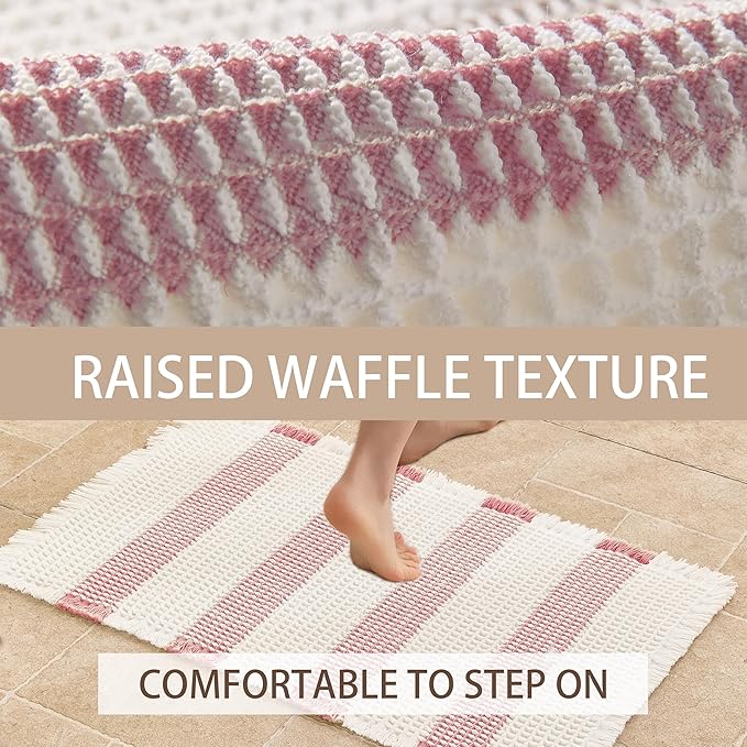 Waffle Bath Mat Non Slip, Boho Bathroom Rug, Super Absorbent Quick Dry Bathroom Mat, Soft Farmhouse Bath Rug with Tassels, Small Washable Shower Mats for Floor 20"x32", White and Pink