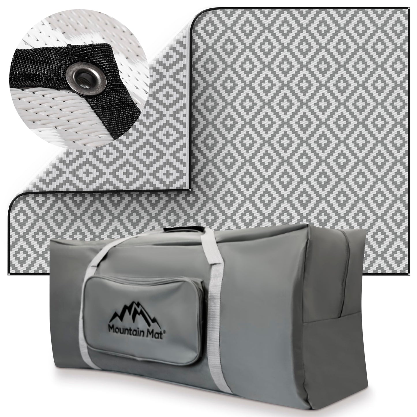 Mountain Mat 8x20 Gray & White Outdoor RV Mat with Carry Bag – Extra Thick 5mm Recycled Poly Rug – Waterproof, Reversible, Heavy-Duty – Premium Patio Mat for Camping, Deck (8x20, Grey Diamond)
