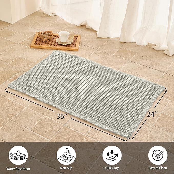 Waffle Bath Mat Non Slip, Boho Bathroom Rug, Super Absorbent Quick Dry Bathroom Mat, Soft Farmhouse Bath Rug with Tassels, Small Washable Shower Mats for Floor 24"x36", Light Grey