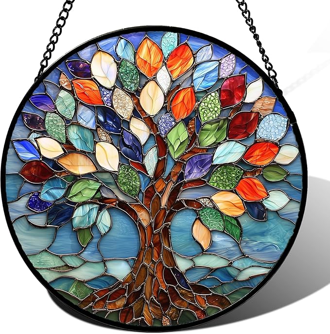 Stained Glass Window Hanging, Colorful Tree of Life Sun Catchers Glass Panel Blue Suncatcher Decor for Birthday for Women, Men, Wife, Aunt, and Mom 14.9x14.9 in