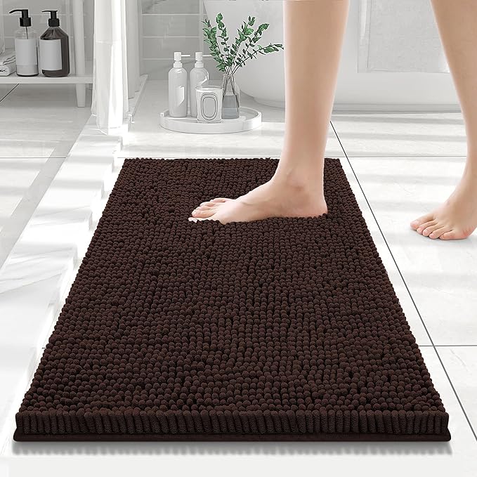Smiry Luxury Chenille Bathroom Rugs 24x16, Extra Soft and Absorbent Shaggy Bath Mat, Machine Washable, Non-Slip Plush Carpet Runner for Tub, Shower, and Floor, Home Decor Accessories, Brown