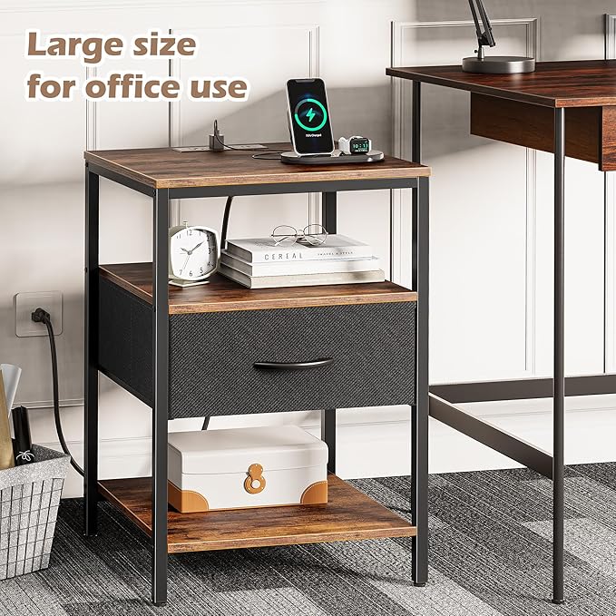SUPERJARE Night Stand with Charger Station, 27.7 Inch Tall Nightstand with Adjustable Fabric Drawer, Bed Side Table, Fabric Drawer Dresser for Bedroom, Living Room, Rustic Brown and Black