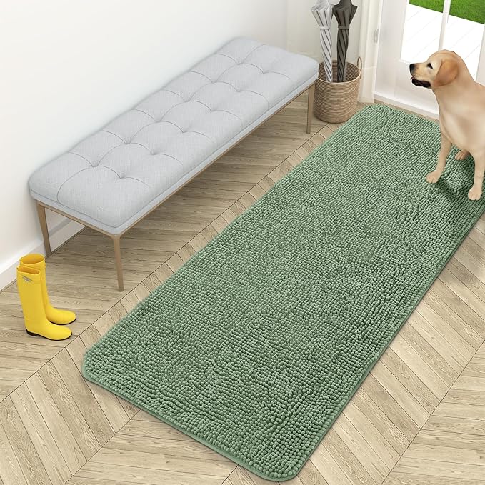 OLANLY Dog Door Mat for Muddy Paws 54x24, Absorbs Moisture and Dirt, Absorbent Non-Slip Washable Doormat, Quick Dry Chenille Mud Mat, Entry Indoor Entryway Carpet for Inside Floor, Olive Green