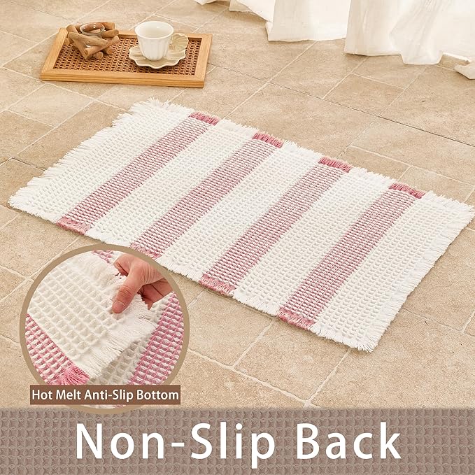 Waffle Bath Mat Non Slip, Boho Bathroom Rug, Super Absorbent Quick Dry Bathroom Mat, Soft Farmhouse Bath Rug with Tassels, Small Washable Shower Mats for Floor 20"x32", White and Pink
