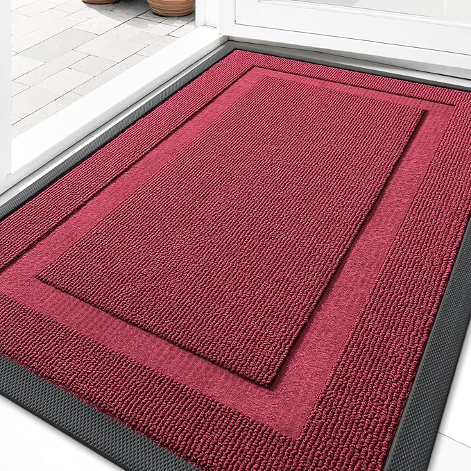 OLANLY Front Door Mat Indoor Outdoor Entrance, Waterproof All-Season, All-Weather Doormat, Sturdy Natural Rubber, Low Profile, Easy Clean Patio Porch Entryway Mat, 59x23, Burgundy