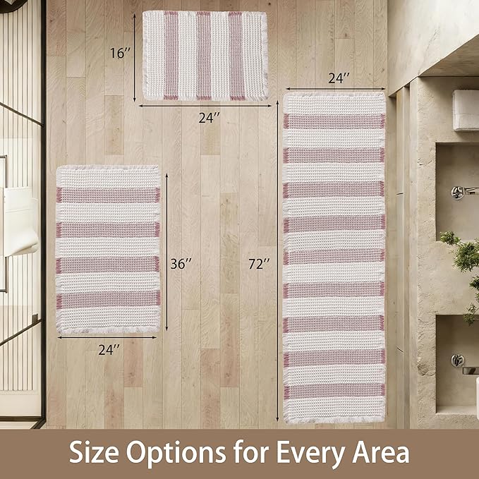 Waffle Bath Mat Non Slip, Boho Bathroom Rug, Super Absorbent Quick Dry Bathroom Mat, Soft Farmhouse Bath Rug with Tassels, Small Washable Shower Mats for Floor 20"x32", White and Pink