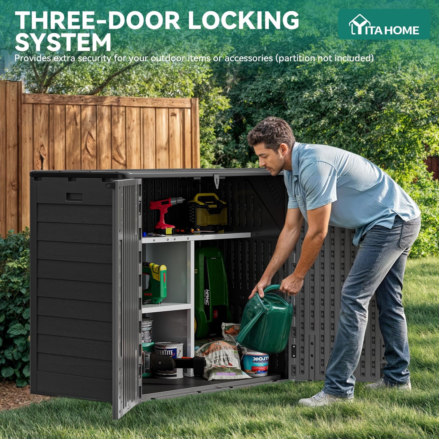 YITAHOME Outdoor Storage Shed w/o Shelf, 30 cu ft Horizontal Storage Shed Outdoor, Resin Waterproof Storage Cabinet for Garage, Poolside, Bikes, and Garden (Dark Gray + Black)