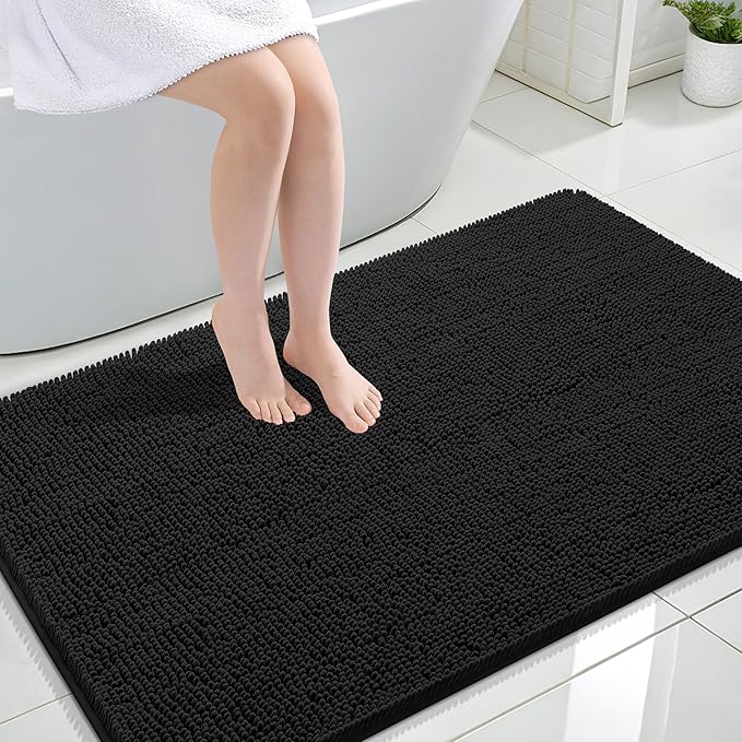 OLANLY Bathroom Rugs 47x32, Extra Soft Absorbent Chenille Bath Rugs, Rubber Backing Quick Dry, Machine Washable Bath Mats for Bathroom Floor, Tub and Shower, Home Decor Accessories, Black