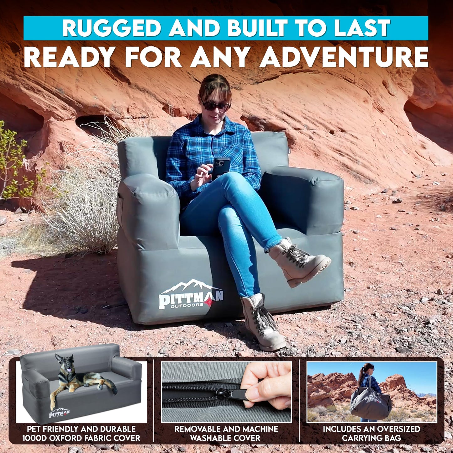 Pittman - Inflatable Chair for Camping with Built in Pump - Portable Inflatable Couch for Adults Holds 350lb's - Blow Up Chair for Movie Nights, Outdoor Blow up Furniture or Air Sofa for Camping