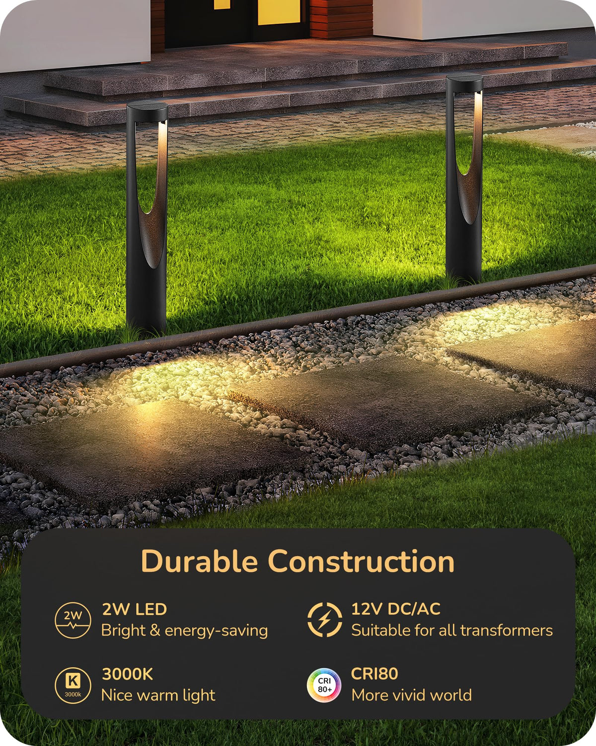 EDISHINE Low Voltage Landscape Lighting, 12V 2W 150LM, Waterproof LED Pathway Lights, 8 Pack, Black, Model HGSL36B