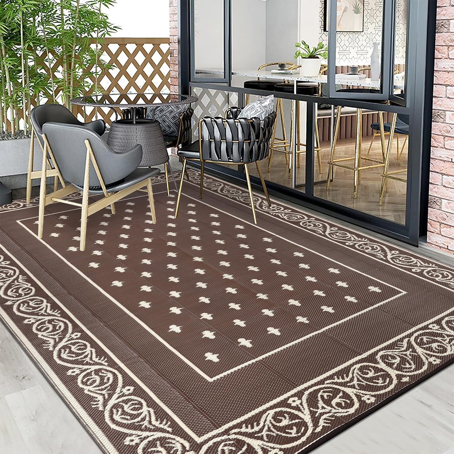 Pauwer Waterproof Outdoor Rug 10x14, Reversible Plastic Straw Patio Camping Rug, Indoor Outdoor RV Mat Carpet for Deck, Camper, Porch, Balcony, Backyard, Picnic, Bordered Brown