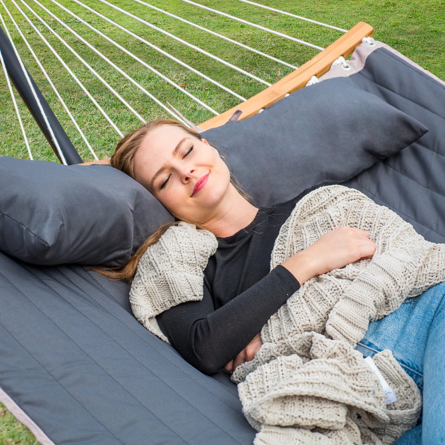 SUNCREAT Double Portable Hammock with Stand, 2 Person Hammock with Curved Spreader Bar, Balance Ropes Included, Dark Gray