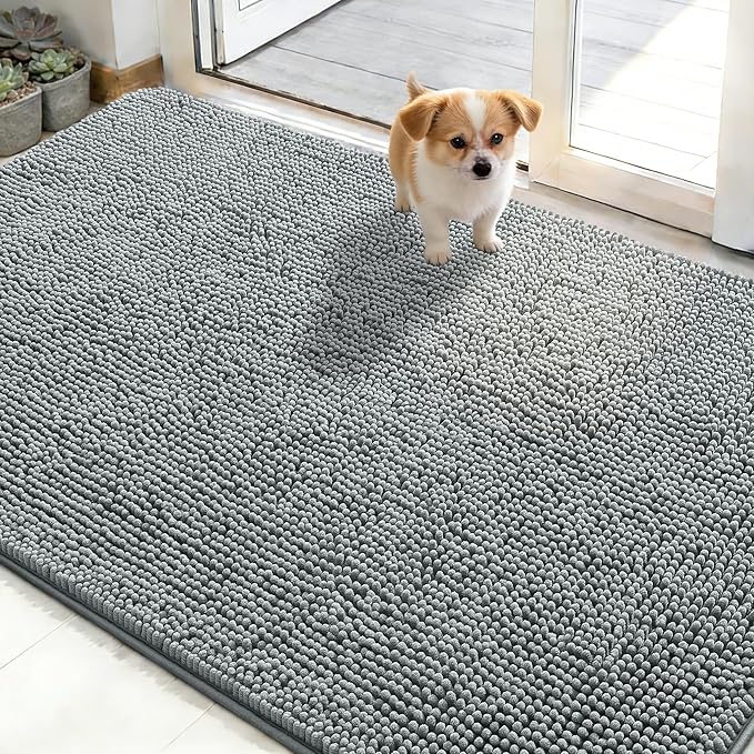 OLANLY Dog Door Mat for Muddy Paws 48x30, Absorbs Moisture and Dirt, Absorbent Non-Slip Washable Doormat, Quick Dry Chenille Mud Mat for Dogs, Entry Indoor Entryway Carpet for Inside Floor, Grey