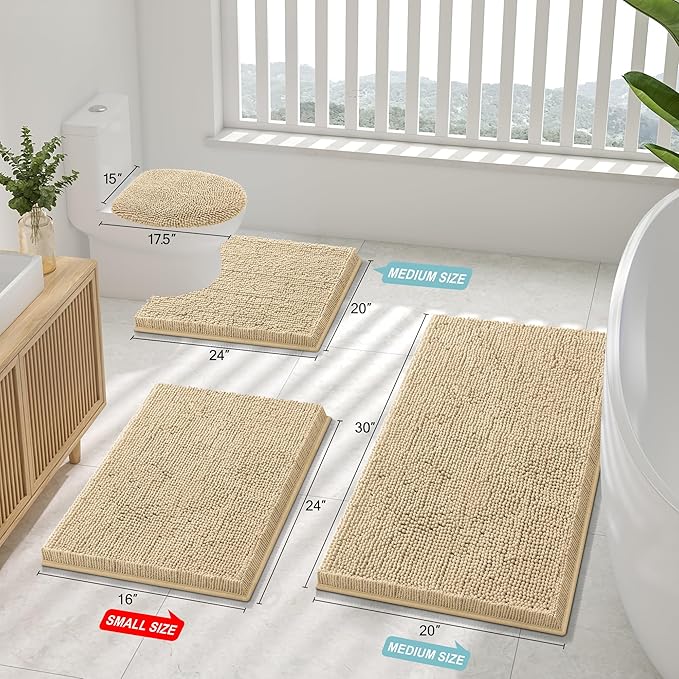 Smiry Luxury Chenille Bathroom Rugs 50x30, Extra Soft and Absorbent Shaggy Bath Mat, Machine Washable, Non-Slip Plush Carpet Runner for Tub, Shower, and Floor, Home Decor Accessories, Beige