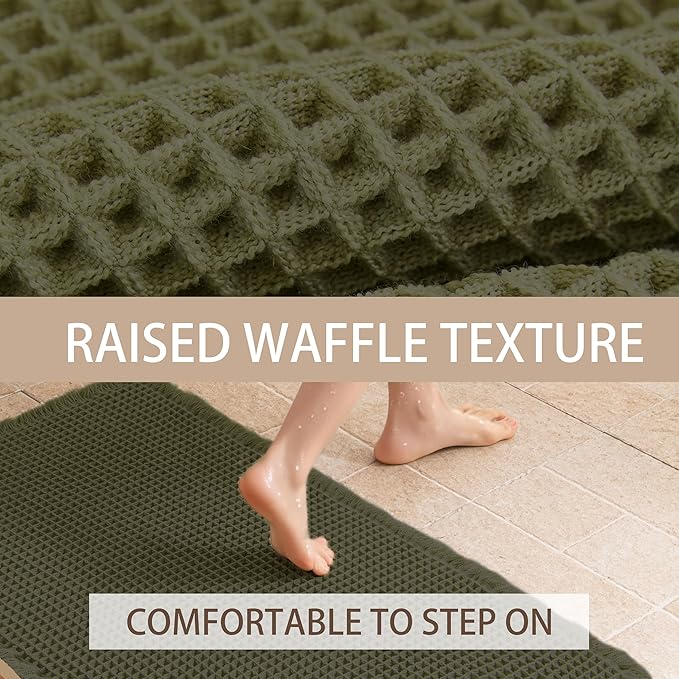 Waffle Runner Rug Non Slip, Boho Bath Mat, Super Absorbent Quick Dry Long Bath Runner Bathroom, Soft Farmhouse Bath Rug with Tassels, Washable Shower Mats for Floor 24"x72", Olive Green