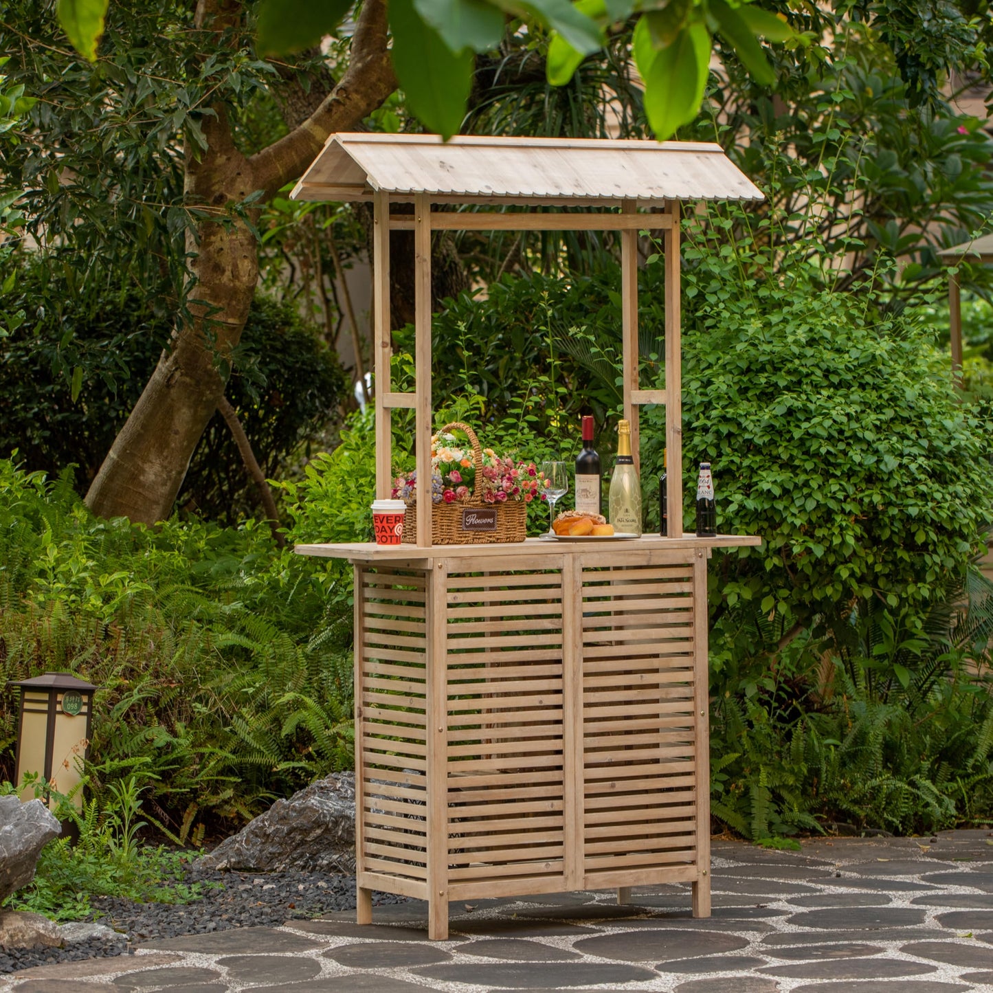 Vintiquewise Rustic Wooden Outdoor Bar Counter with Roof Beautiful Decor Accent for Patio Garden & Backyard Ideal as Bartender Station Lemonade Stand BBQ Beverage Table & Event Booth for Home Parties