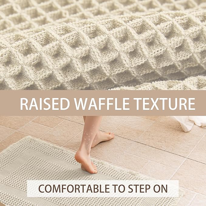 Waffle Bath Mat Non Slip, Boho Runner Rug, Super Absorbent Quick Dry Long Bath Runner Bathroom, Soft Farmhouse Bath Rug with Tassels, Washable Shower Mats for Floor 24"x48", Tassels Cream
