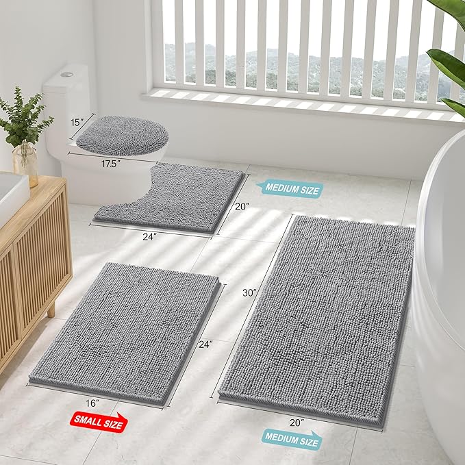 Smiry Luxury Chenille Bathroom Rugs 40x24, Extra Soft and Absorbent Shaggy Bath Mat, Machine Washable, Non-Slip Plush Carpet Runner for Tub, Shower, and Floor, Home Decor Accessories, Grey
