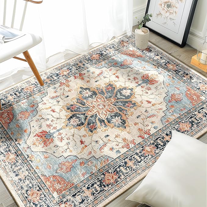 Area Rugs 3'x5' Washable Non-Slip, Floral Vintage Distress Print Pattern Medallion Carpet for Living Room Bedroom Dining Room, Beige Navy Blue Orange Colorful