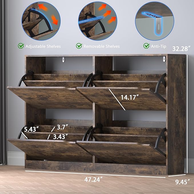 Shoe Cabinet with 4 Flip Drawers, Narrow Hidden Shoe Storage Cabinet, Slim Freestanding Shoe Rack Organizer for Entryway, Hallway, Bedroom, Living Room