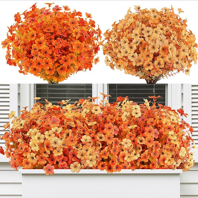 AmyHomie 16 Bundles Fall Orange Yellow Artificial Flowers for Outdoor Fall Decor UV Resistant Faux Flowers No Fade Fake Plastic Plants Garden Porch Window Box Decorating