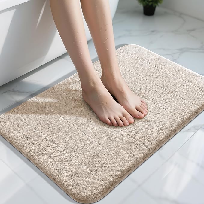 Yimobra Memory Foam Bath Mat, Super Soft Absorbent Bathroom Rug Non Slip 31.5x20 Inch, Quick Dry, Machine Washable Floor Carpet for Tub Shower, Home Decor Accessories, Beige
