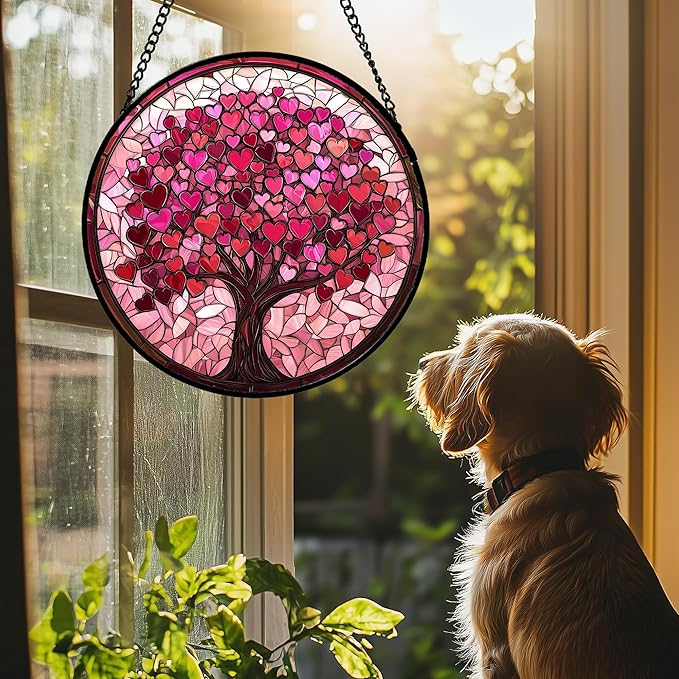 Stained Glass Window Hanging - DASTOLL, Birthday Gifts for Women Men Mom Dad, Pink Love Tree Suncatcher for Doors Window Home Sun Catchers Decor 7.8 in