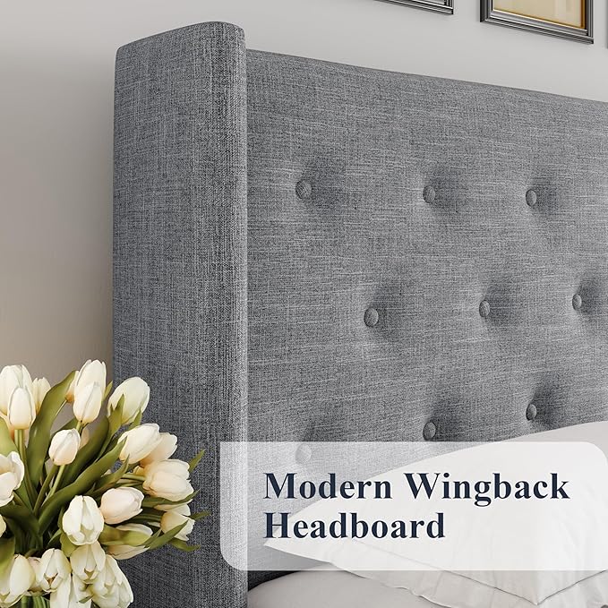 Allewie King Size Lift Up Storage Bed, Button Tufted Headboard with Wingback, Hydraulic Support, No Box Spring Needed, Light Grey