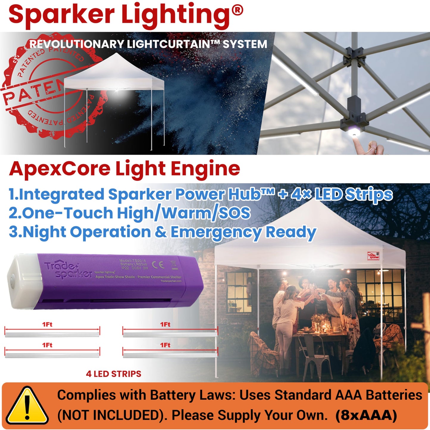 Tradesparker Pop Up Tent,Commercial Movable Canopy with ApexCore LED&Rugged Casters-Instant Easy Setup Shelter Canopies with Weight Bags&Stakes for Outdoor Events(10x15, with 4 Sidewalls, White)