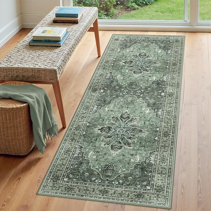 Area Rugs 3'x7' Runner Rug Non Slip Washable for Kitchen Hallway Bedroom Beside Laundry Room Bathroom Rug, Floor Carpet, Dark Green Gray