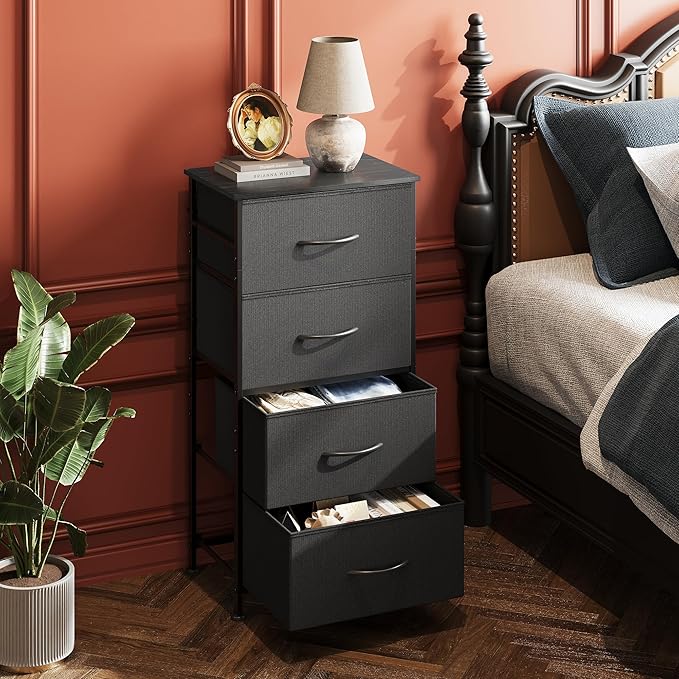 WLIVE Dresser with 4 Drawers, Fabric Storage Tower, Organizer Unit for Bedroom, Hallway, Entryway, Closets, Sturdy Steel Frame, Wood Top, Easy Pull Handle, Charcoal Black