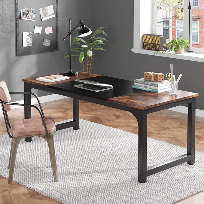 Tribesigns Modern Computer Desk, 70.8 x 31.5 inch Large Office Desk Computer Table Study Writing Desk Workstation for Home Office, Black Metal Frame