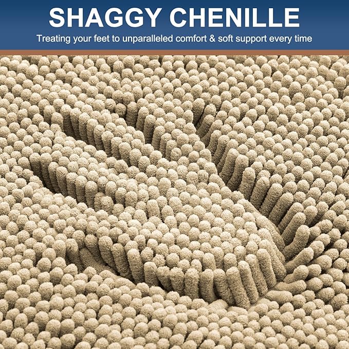 Smiry Luxury Chenille Bathroom Rugs 47x24, Extra Soft and Absorbent Shaggy Bath Mat, Machine Washable, Non-Slip Plush Carpet Runner for Tub, Shower, and Floor, Home Decor Accessories, Beige