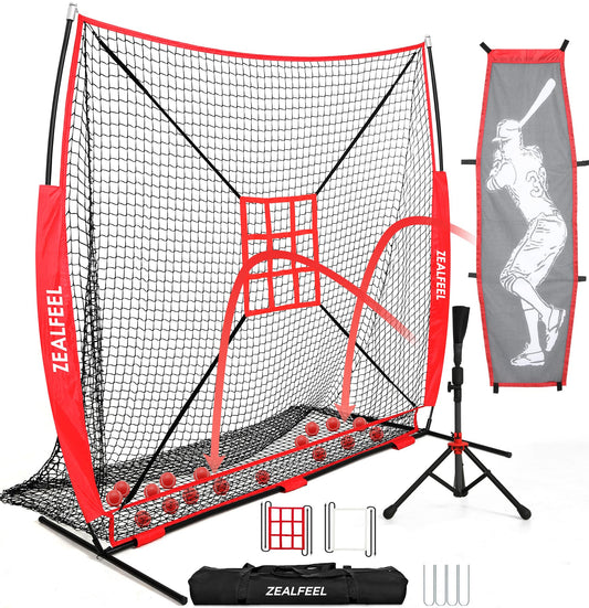 Baseball Softball Net, 7x7 ft Pitching & Batting Net with Dummy Batter, Large Ball Collection System, 2 Strike Zones, Batting Tee, Carry Bag for Batting Pitching Hitting, Great for All Levels