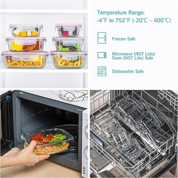 Vtopmart 8 Pack Glass Food Storage Containers with Airtight Lids, Glass Meal Prep Containers, Lunch Containers for Microwave, Oven, Freezer and Dishwasher, BPA Free